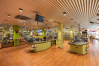 The checkout area of the Alnatura store in Frankfurt.