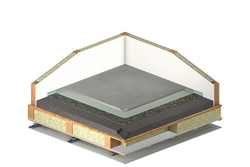 REGUPOL comfort 12 with leveling fill under renoscreed on wood frame ceiling with suspended ceiling