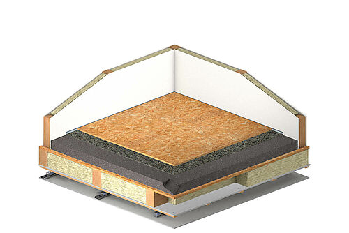 REGUPOL comfort 12 with leveling fill under osb sheeting on wood frame ceiling with suspended ceiling